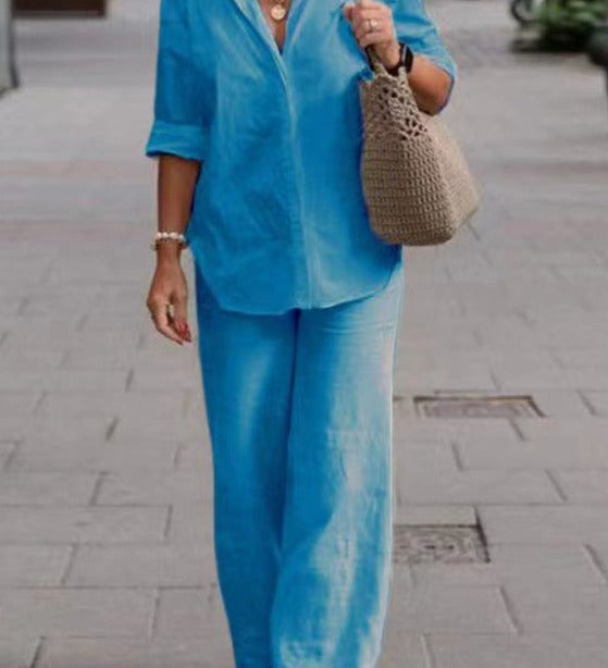 Denice™ Elegant Casual Two Piece Set | Relaxed Button-Up Top and Wide-Leg Trousers