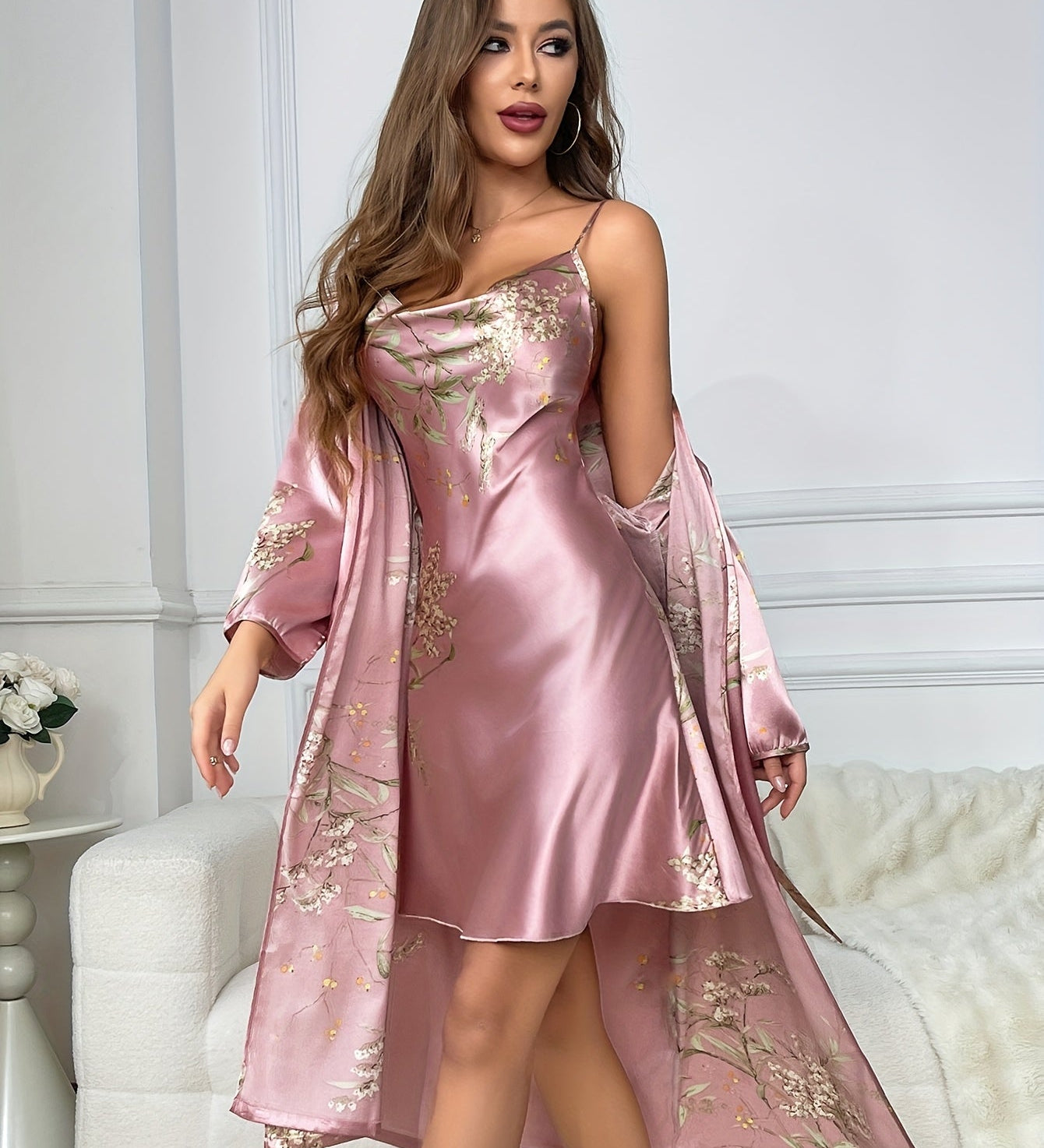 Rosalynn | 2-Piece Floral Satin Camisole &amp; Robe Set