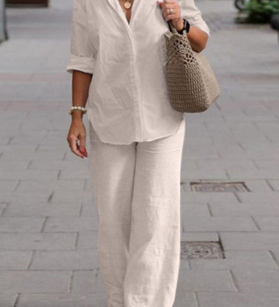 Denice™ Elegant Casual Two Piece Set | Relaxed Button-Up Top and Wide-Leg Trousers
