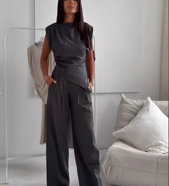 Diann™ Elegant Two-Piece Set | Draped Top and Wide-Leg Trousers