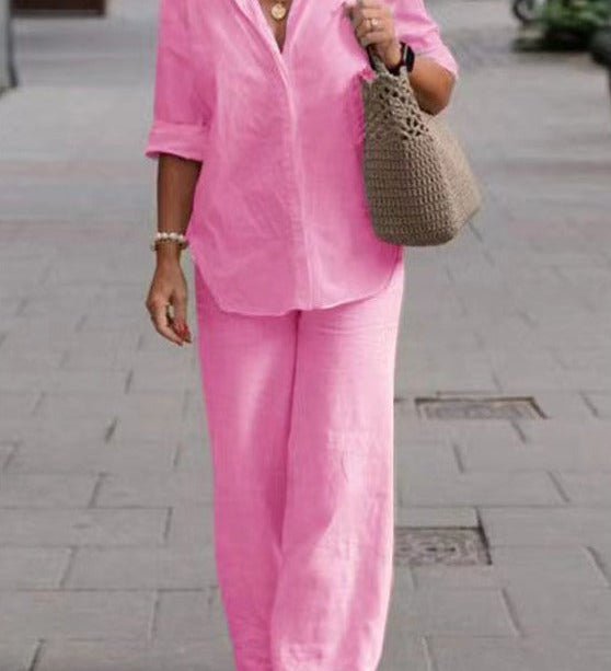 Denice™ Elegant Casual Two Piece Set | Relaxed Button-Up Top and Wide-Leg Trousers
