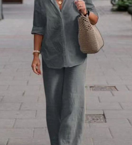 Denice™ Elegant Casual Two Piece Set | Relaxed Button-Up Top and Wide-Leg Trousers