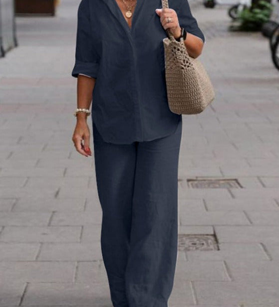 Denice™ Elegant Casual Two Piece Set | Relaxed Button-Up Top and Wide-Leg Trousers