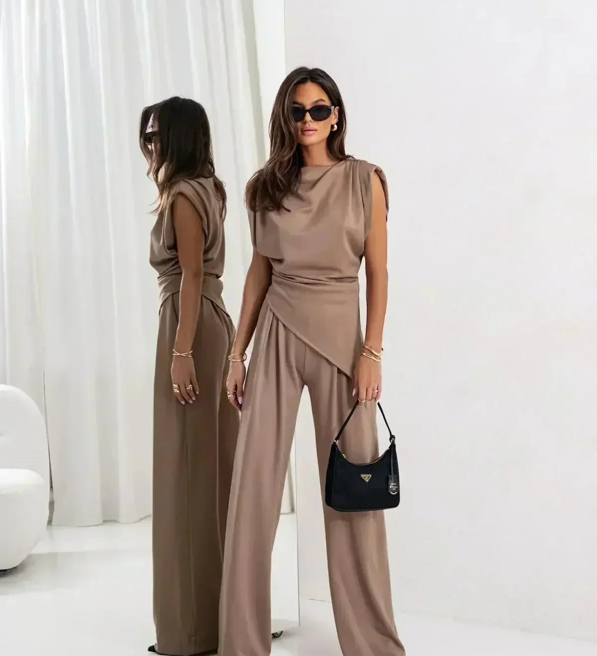 Diann™ Elegant Two-Piece Set | Draped Top and Wide-Leg Trousers